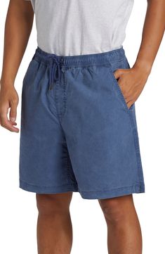 Roomy and relaxed, these shorts made of stretch-cotton poplin cinch comfortably at the waist and provide plenty of pockets for holding a day's essentials. 6 1/2" inseam; 22" leg opening; 12" front rise; 14" back rise (size medium) Elastic/drawstring waist Front slant pockets; back hook-and-loop patch pocket 98% cotton, 2% elastane Machine wash, tumble dry Imported Cotton Bottoms With Functional Drawstring, Casual Bermuda Pull-on Shorts, Casual Solid Color Pull-on Shorts, Casual Pull-on Style Shorts, Cotton Shorts With Functional Drawstring, Relaxed Fit Blue Shorts With Pull-on Style, Blue Cotton Pull-on Shorts, Casual Cotton Shorts With Elastic Waistband, Blue Pull-on Style Shorts For Summer