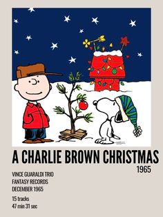 a charlie brown christmas poster with a dog and a man standing next to a tree