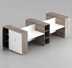 an office desk made out of wood and white furniture