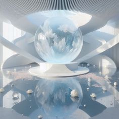 an artistic rendering of a crystal ball in the center of a room filled with white flowers