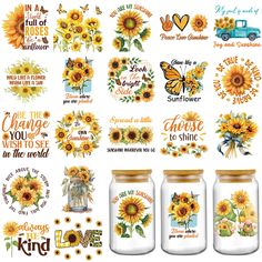 sunflowers and mason jars with words on them