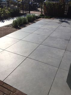 an empty concrete patio in the middle of a yard with plants and bushes on either side