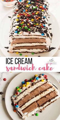 an ice cream sandwich cake with chocolate frosting and sprinkles on top