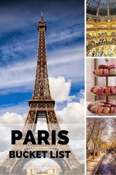 the eiffel tower in paris is surrounded by pictures and words that read, paris bucket list