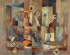 an abstract painting with many different shapes and sizes, including geometrical patterns on the surface