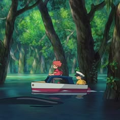 two people are riding in a boat on the water next to trees and another person is looking at them