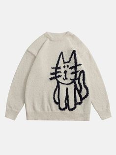 2022 Top Streetwear Brand AelfricEden, Street fashion clothes shopping online, free shipping worldwide! White And Black Cat, Oversized Pullover Sweaters, Vintage Knitwear, Cat Sweater, Unisex Clothes, Y2k Sweater, Thick Sweaters, Cat Sweatshirt, Sweater Collection