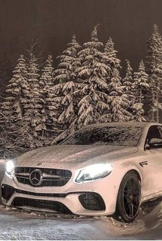 a white car parked in the snow next to some pine trees and bushes covered in snow