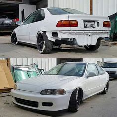 two pictures of the same white car in different stages of being repaired and repainted