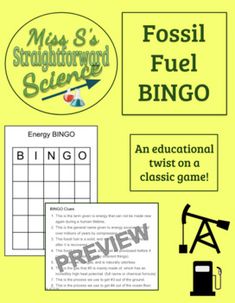 a poster with the words fossil fuel bingo and an image of a gas pump