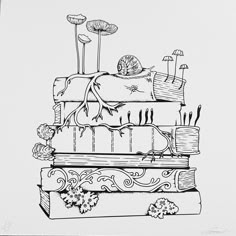 a black and white drawing of a stack of books with mushrooms on it's top