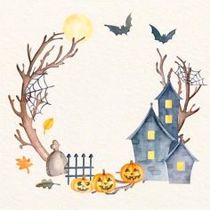 a watercolor painting of a halloween scene with pumpkins, bats and a house