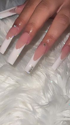 Classy French Tip Nails Coffin, Xl White French Tip Nails, White Nails With Righnstones, Basic But Pretty Nails, Long French Tip Nail Designs, Neutral Nails Acrylic Coffin Long, Medium Tapered Square French Tip Acrylic, Long White Nail Ideas, French Tip Nails Curved