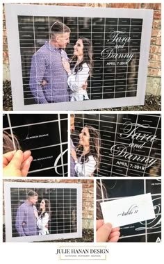 a couple holding each other in front of a fence with the words happily married written on it