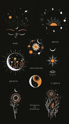 the sun, moon and stars are depicted in this graphic art print on black paper