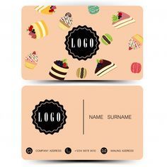 two business cards with food logos on them, one is pink and the other is black