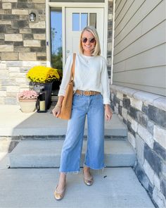 High Rise Cropped Wide Leg Jean curated on LTK Tan Wide Leg Jeans Outfit, Cropped Jeans Fall Outfit, Cropped Jeans Outfit Fall, Cropped Wide Leg Jeans Outfit Winter, Denim Wide Leg Pants Outfit, Wide Leg Crop Pants Outfit, Cream Pants Outfit, Cropped Pants Outfit