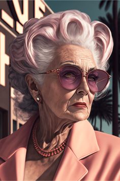 an older woman with pink hair and sunglasses