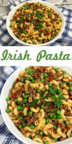 two bowls filled with pasta and peas on top of a table