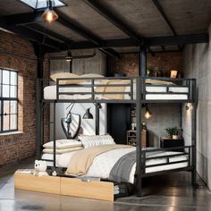 a loft bed with two sets of bunk beds on top of it in an industrial style bedroom