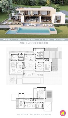 an architectural plan for a modern house with pool and outdoor living area in the background