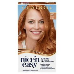 Clairol Nice'n Easy Permanent Hair Color Creme, 8SC Medium Copper Blonde, 1 Application, Hair Dye. Living is all about trying new experiences and feeling your best. So why waste time on bland, flat hair color? That's why Clairol Nice 'n Easy Permanent Hair Color gives you 8 weeks of true-to-you color with three salon tones for a blend of highlights and lowlights. Expertly designed to work with your unique hair, Nice 'n Easy offers salon-quality permanent hair color without the cost. Keep your co Medium Copper Blonde Hair, Best Red Hair Dye, Ginger Hair Dyed, Box Hair Dye, Permanent Hair Dye Colors, Copper Blonde Hair Color, Easy Hair Color, Copper Blonde Hair, Shades Of Red Hair