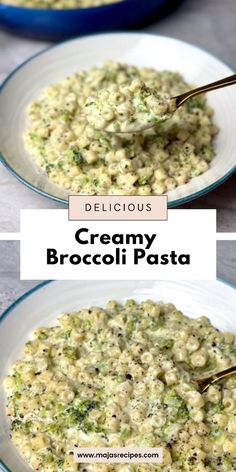 creamy broccoli pasta is served in two bowls