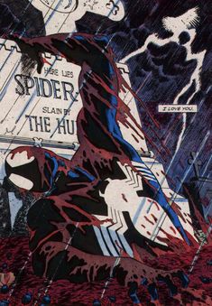 the cover to spider - man's comic book is shown in red and blue