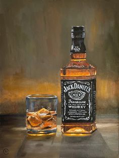 an oil painting of a bottle of jack daniels whiskey next to a glass filled with rocks