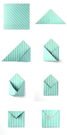 four different ways to fold an origami envelope with stripes on the outside and inside