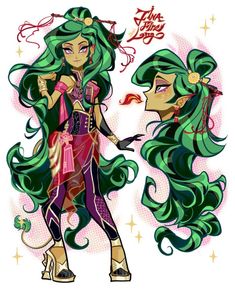 two cartoon girls with long hair and green hair