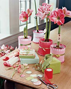 pink flowers in vases sitting on top of a table next to boxes and scissors