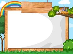 an empty wooden sign in the grass with trees and rainbows behind it on a blue sky background