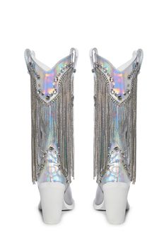 cuz bless your heart. These cowboy boots have a vegan leather construction, rhinestone fringe detailing, jewel studs, and side zipper closures. Diamond Boots White, Luxury Knee-high Rhinestone Boots, Leather Ankle-high Boots With Rhinestones, Luxury Crystal-embellished Party Boots, Dolls Kill Cowboy Boots, Halloween Costume Boots, Fringe Cowboy Boots, Costume Boots, Cowgirl Accessories