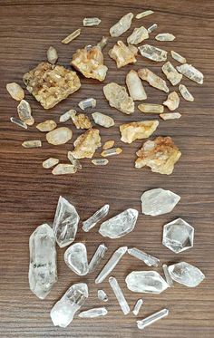 some rocks and stones on a wooden table