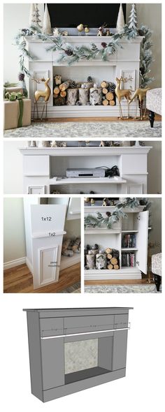 three different views of a fireplace with christmas decorations on the mantle and below it is an entertainment center