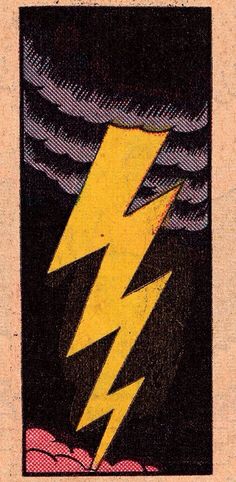 a drawing of a lightning bolt on top of a black and yellow background with clouds