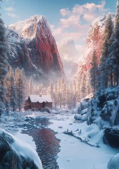 a snowy mountain scene with a cabin in the foreground and a stream running through it