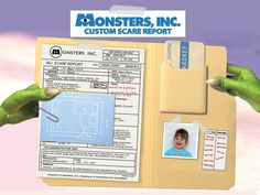 the monsters, inc custom scare report is being held up by two hands with clippings on them