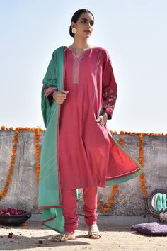 Buy Pink Chanderi Kurta Set For Women by Kanika Sharma Online at Aza Fashions. Designer Kurta, Women Kurta, Straight Kurta, Green Cotton