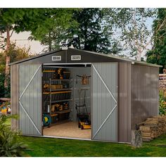 Choose AOXUN, and you will have a durable, beautiful, and practical storage shed that adds convenience and charm to your outdoor space. Our products Completely constructed out of galvanized steel and baked-on enamel finish, ensuring excellent durability and corrosion resistance. No matter it is exposed to sunlight, soaked by rain or attacked by wind and snow, it will not rust, fade or be damaged in other ways. We provide detailed installation tutorials that enable you to easily assemble the storage shed without the need for professional skills or complex tools. We offer a variety of options in different sizes to meet your individual needs. AOXUN 7.6-ft x 9.7-ft Galvanized Steel Storage Shed (Floor Included) in Brown | G37009-BASE Sup Storage Shed, Pvc Pipe Storage Shed, Connex Storage Shed, Outdoor Sliding Door, Door Shed, Steel Storage Sheds, Brown Floor, Shed Floor, Outdoor Storage Shed