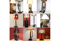 many different types of musical instruments are shown in this collage, including lamps and table lamps