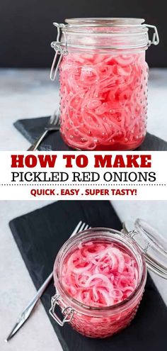 a jar filled with pickled red onions on top of a black place mat next to a fork