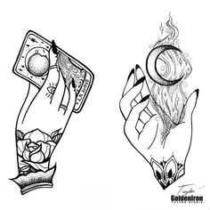 two drawings of hands with tattoos on them and one holding an object in the other hand