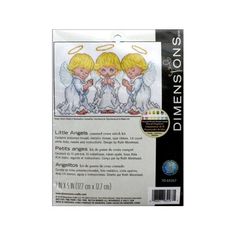 three little angels with angel wings on their heads cross stitch pattern in white packaging box