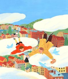 two children are playing in the snow with buildings and birds behind them, one is falling off his jacket