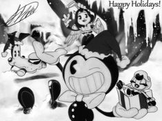 an image of mickey mouse and friends in the snow with happy holidays written on it