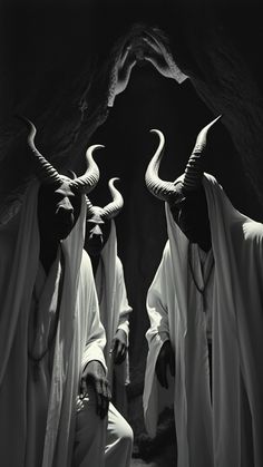 three men in white robes with horns on their heads