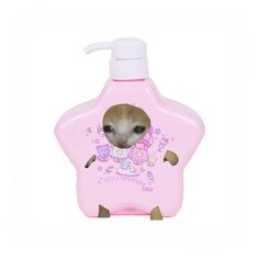 a pink bottle with an animal on it