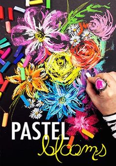 a person is drawing flowers with crayons on a chalkboard that says pastel blooms